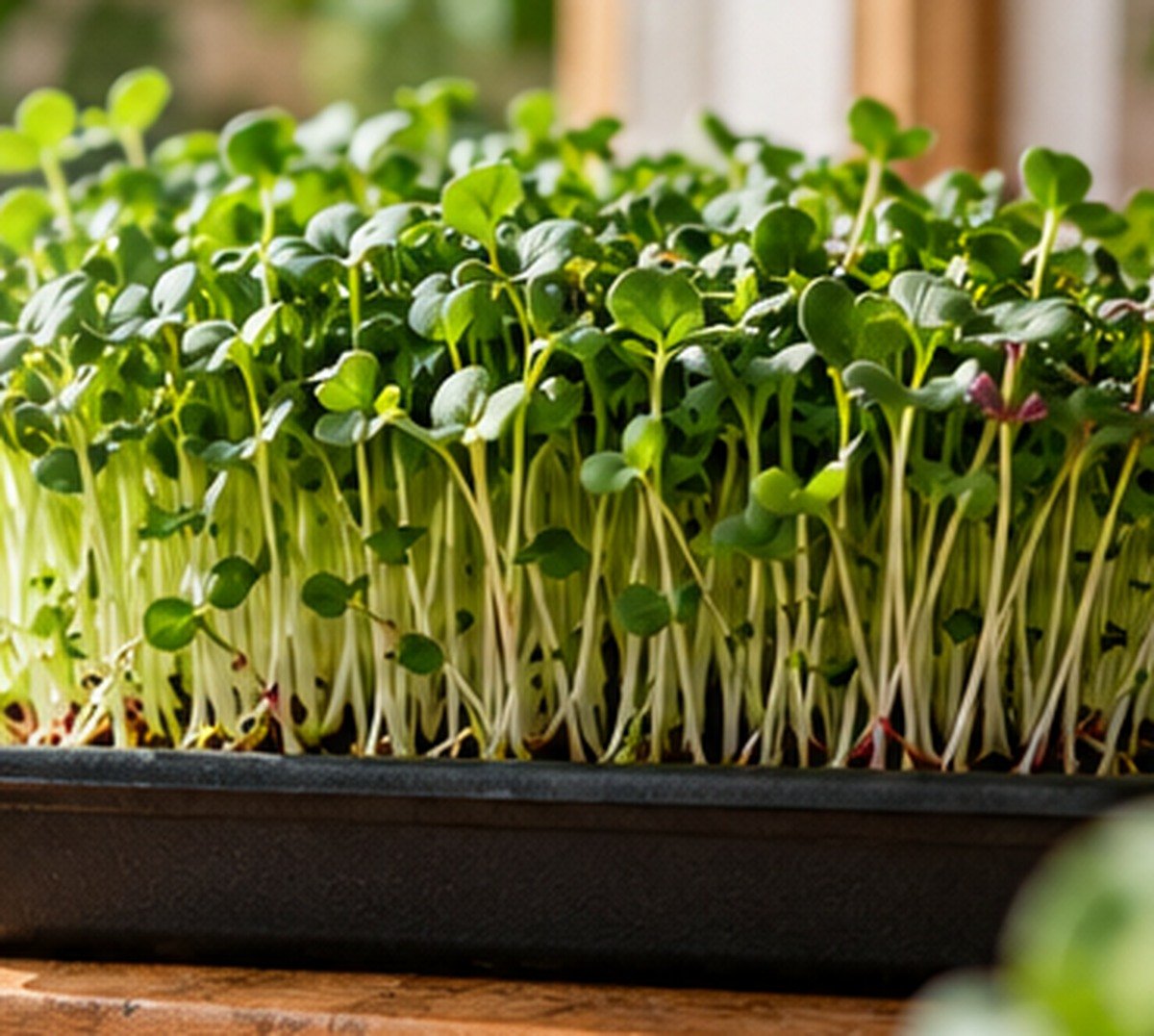 Microgreens growing indoors on a shelf