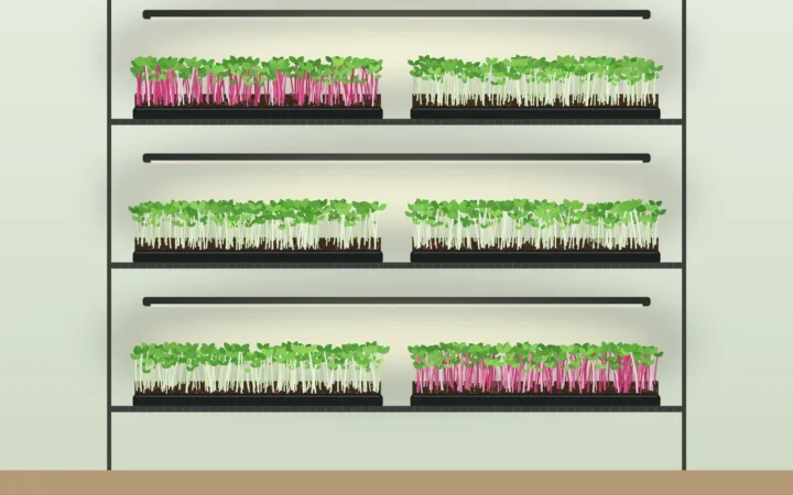 Wire shelf with LED light bars above trays of microgreens